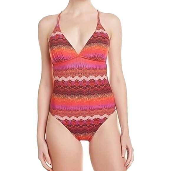 La Blanca Striped Abstract Print One Piece Swimsuit Bath Suit Size 14 - Picture 1 of 7